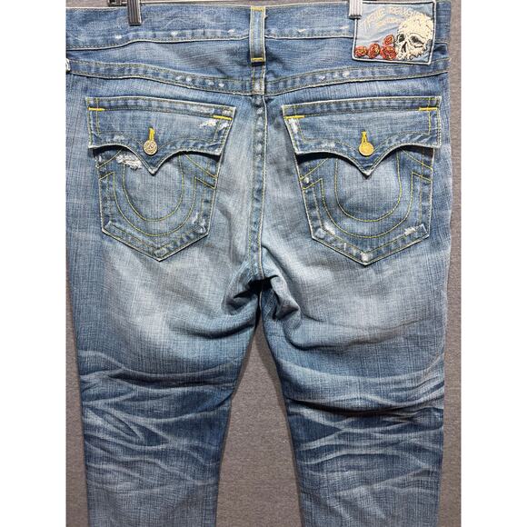 True Religion Billy Skull & Roses Mens Bootcut Distressed Jeans Size 38 - Picture 3 of 10